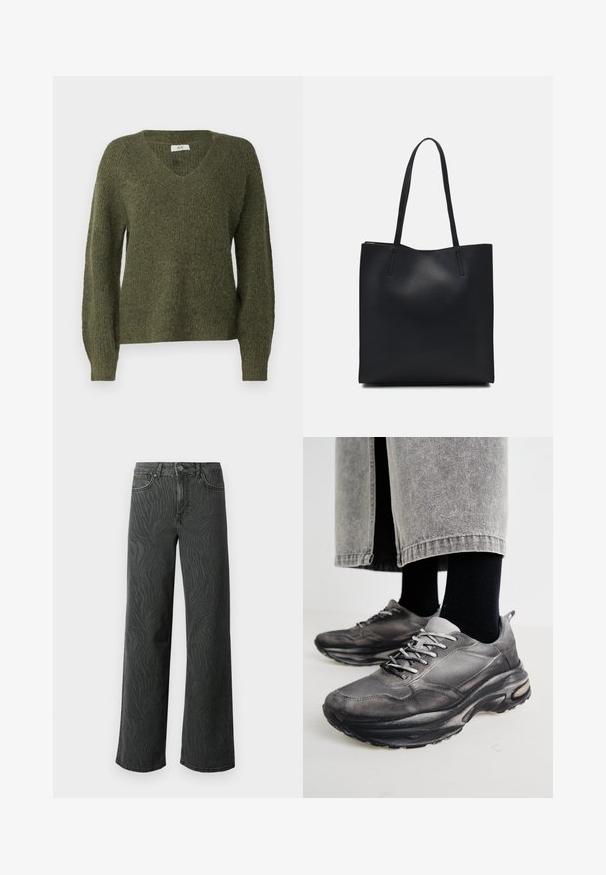JDY JDYINGEBORG ADA LIFE V-NECK - Jumper - winter moss; Wide-leg jeans in dark gray denim, featuring a subtle zebra-pattern texture, contrast stitching, and five-pocket design with a button fly.; Black and gray athletic shoes feature a mesh upper, thick soles, and laces. They have a rounded toe and visible cushioning detail.; Black leather tote bag with smooth texture, rectangular shape, and two long handles. No visible hardware or embellishments.