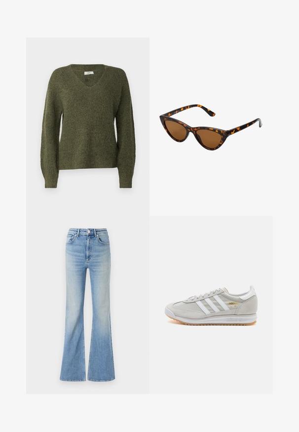 JDY JDYINGEBORG ADA LIFE V-NECK - Strickpullover - winter moss; Helle blaue Schlagjeans aus Denim mit hoher Taille, fünf Taschen und subtilem Farbverlauf bis zum Saum.; Hellgraue Sneaker aus Wildleder und Mesh, mit drei weißen Streifen, runder Zehenpartie und einer Sohle aus Gummi. Goldenes Logo-Detail nahe der Schnürsenkel.;  Katzenaugen-Sonnenbrille mit einem schwarz-orangenen Schildpattrahmen, braunen Gläsern und schlanken, spitzen Enden. Verfügt über ein minimalistisches Logo am Bügel.