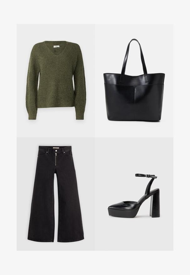 JDY JDYINGEBORG ADA LIFE V-NECK - Pulóver - winter moss; Fekete denim széles szárú farmer, cipzáros elejével, öt zsebes kialakítással és diszkrét varrással. Sima textúra és laza stílus.; Fekete platform magassarkú cipők hegyes orral és állítható bokapánttal. Sima bőrből készült, vastag talppal.; Fekete bőr bevásárlótáska két hosszú fogantyúval, sima felülettel és strukturált formával. Elülső zseb található rajta a plusz tárolás érdekében.