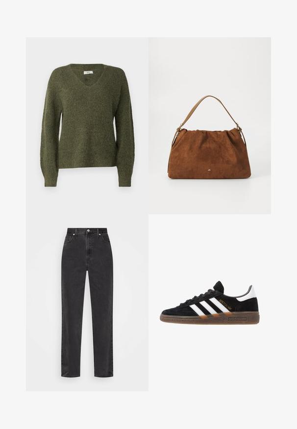 JDY JDYINGEBORG ADA LIFE V-NECK - Jumper - winter moss; Straight-leg black denim jeans with high waist, front button and zipper, and five-pocket styling on a white background.; Black Adidas sneaker with white stripes, gold "Spezial" text, gum sole, and white heel tab, shown in profile view.; Brown suede handbag with a gathered design, featuring a single tan leather strap and a subtle gold logo detail on the front.