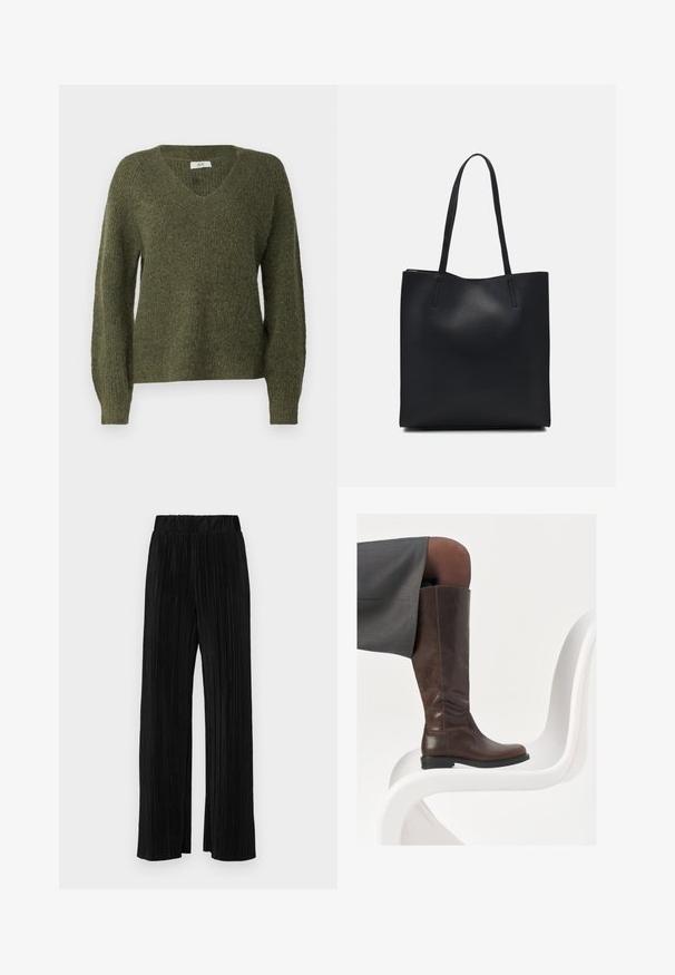 JDY JDYINGEBORG ADA LIFE V-NECK - Svetr - winter moss; Černé plisované kalhoty s elastickým pasem. Mají široké nohavice a hladkou, strukturovanou tkaninu s vertikálními pruhy.; Hnědá kožená kotníková bota s rounded toe, hladkou texturou a minimálními švy, umístěná na světlém pozadí na bílé židli.; Černá kožená taška přes rameno s hladkým povrchem, obdélníkovým tvarem a dvěma dlouhými uchy. Žádné viditelné kování ani ozdoby.