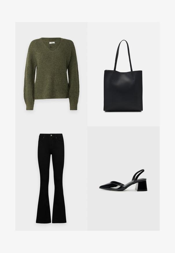 JDY JDYINGEBORG ADA ciemnobrązowy; Czarne, wysokie dżinsy z guzikem i zamkiem błyskawicznym, z przednimi kieszeniami i rozszerzanymi nogawkami, leżące płasko na białym tle.; Czarne lakierowane półbuty na obcasie z wydłużonym noskiem i geometrycznym słupkiem. Charakteryzują się eleganckim, minimalistycznym designem oraz gładką fakturą.; Czarna skórzana torba tote o gładkiej fakturze, prostokątnym kształcie i dwóch długich uchwytach. Brak widocznych elementów metalowych i ozdób.