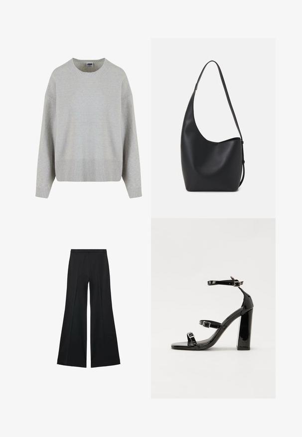 Jasnoszary sweter dzianinowy z okrągłym dekoltem, opuszczonymi ramionami i ściągaczem na dole. Miękka tekstura i luźny krój.; Czarne spodnie o szerokich nogawkach z gładką teksturą, z przodu ozdobione zakładkami i skrojonym fasonem. Materiał jest lekki i zwiewny.; Czarne lakierowane sandały na obcasie z kwadratowym noskiem, z paskami wokół kostki i srebrnymi klamrami. Posiadają masywny słupek dla stabilności.; Czarna skórzana torba hobo o gładkiej fakturze, zaokrąglonym kształcie i pojedynczym, regulowanym pasku; posiada szerokie otwarcie na górze.