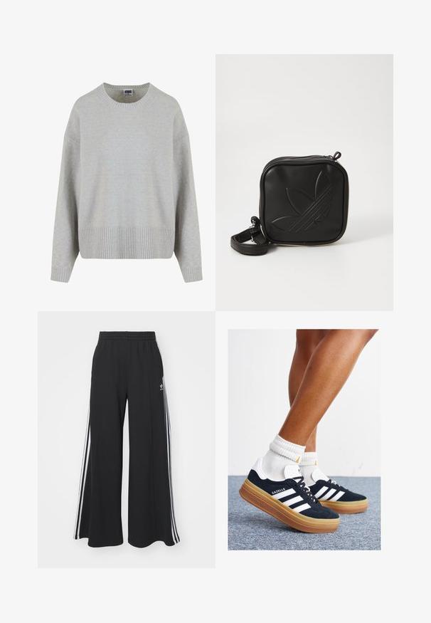 Ljust grått stickat tröja med rund hals, sänkta axlar och ribbad nederkant. Mjuk textur och avslappnad passform.; Svarta vida sweatpants med elastisk midje, med vita sidosträck och en broderad logotyp på vänster lår.; Svarta sneakers i mocka med vita ränder och detaljer, rundad tå, yttersula i gummiblandning, kombinerade med vita ribbade crew-strumpor.; Svart fyrkantig crossbody-väska i texturerat syntetmaterial. Har en präglad logodesign och justerbar rem. Dragkedjestängning.