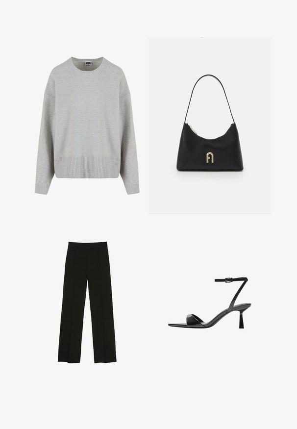 Maglione grigio chiaro a maglia con colletto rotondo, spalle scese e orlo a coste. Texture morbida e vestibilità comoda.; Pantaloni neri a gamba larga realizzati in un tessuto morbido, con una vita aderente e sottili pieghe frontali per un tocco di consistenza.; Bershka Sandali con tacco - black; Borsa nera realizzata in materiale liscio, con una forma curvata, una sola tracolla e un accento in logo color oro sulla parte anteriore.