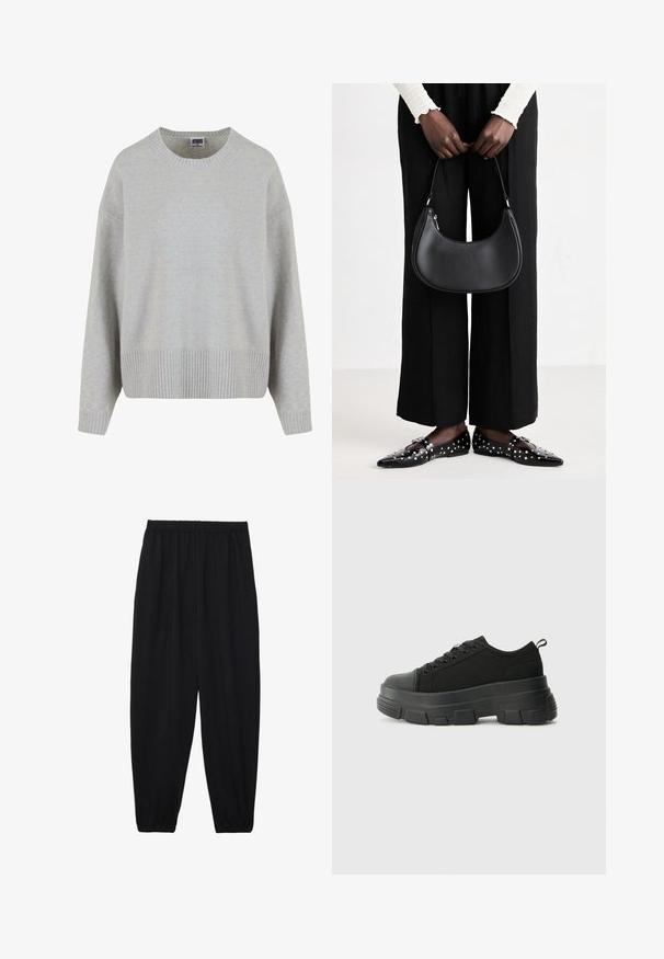 Light grey knitted sweater with a round neck, dropped shoulders, and ribbed hem. Soft texture and relaxed fit.; Black, lightweight pants with an elastic waistband and gathered ankles. The fabric is smooth and features a relaxed, tapered design.; Black sneakers with a chunky rubber sole, textured fabric upper, round toe, and lace-up design. Features reinforced eyelets and back pull tab.; Black leather shoulder bag with a rounded shape, glossy finish, and silver hardware. Person wearing black wide-leg pants and studded loafers.