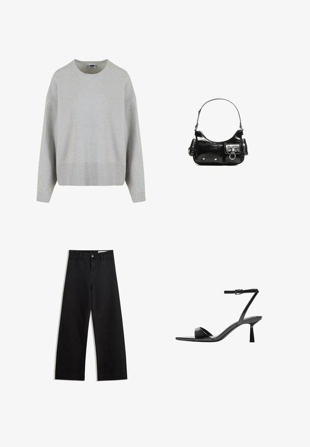 Világosszürke kötött pulóver, kerek nyakkal, ejtett vállakkal és bordás szegéllyel. Puha tapintású és laza fazonú.; Fekete, bő szabású farmernadrág magas derékkal, elülső és hátsó zsebekkel, varrott felületekkel és gombos záródással. Sima textúra.; Bershka Magas sarkú szandálok - black; Fekete lakkbőr kézitáska ívelt formával, egy vállpánttal, elülső zsebekkel és ezüstszínű fémrészletekkel.