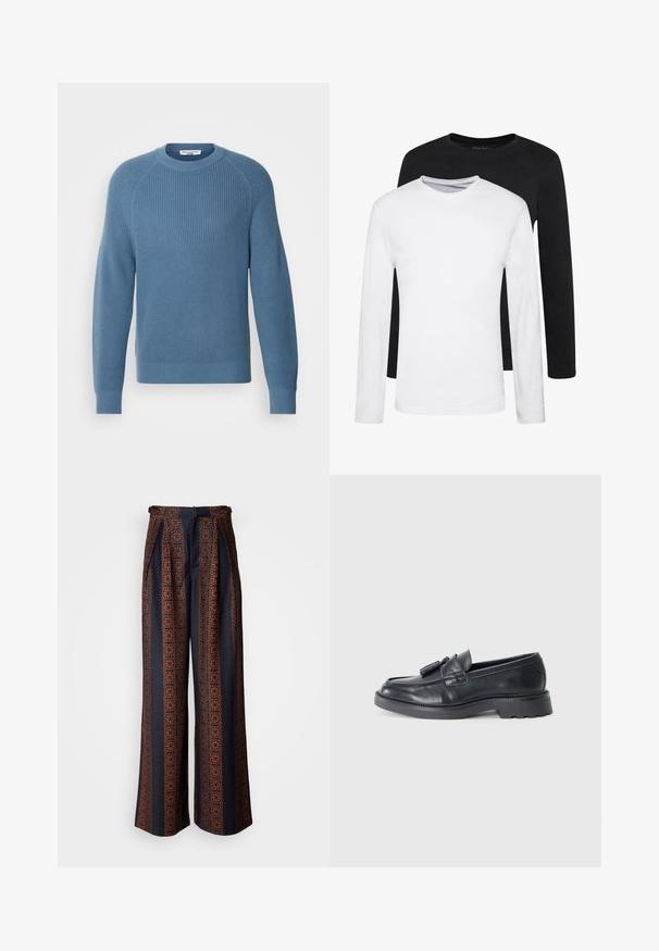 Marc O'Polo DENIM LONGSLEEVE RAGLAN - Πουλόβερ - provincial blue; Δύο ανδρικά πουκάμισα με μακρύ μανίκι, ένα μαύρο και ένα λευκό, κατασκευασμένα από βαμβάκι με λαιμόκοψη και λεία υφή, τοποθετημένα σε στοίβα.; Φαρδιές παντελόνες από σκούρο μπλε ύφασμα με πολύπλοκο πορτοκαλί γεωμετρικό σχέδιο, με πιέτες στο μπροστινό μέρος και εφαρμοστό λάστιχο στη μέση.; Μαύρα δερμάτινα loafers με στρογγυλή μύτη, λουράκι με φούντες και χοντρή σόλα με μοτίβο ανάγλυφου. Λείος υφή και κλασικός σχεδιασμός.