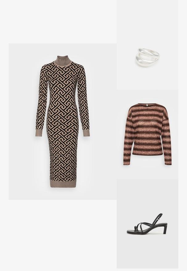 Ruskea ja vaaleanpunainen raidallinen pitkähihaisessa neuleessa on pehmeä, teksturoitu kangas, jossa on leveä kaula-aukko ja rento istuvuus.; Pitkähiha-äknitted mekko korkealla kauluksella, jossa on geometrinen musta ja beige kuvio, ribatoidut hihansuut ja istuva siluetti.; Mustat hihnalligat, joissa on neliön muotoinen kärki ja matala lohkokorko. Ominaisuuksiin kuuluu useita ohuita hihnoja ja säädettävä nilkkahihna. Valmistettu sileästä nahasta.; Musta nahkainen olkalaukku, jossa on sileä pinta, suorakulmainen muoto ja metalliketju yksityiskohtana edessä. Mukana säädettävä hihna.; Hopeinen kaksinkertainen rengas, jossa on sileä, kiillotettu pinta. Siinä on sulava, kaareva muotoilu, jossa on päällekkäisiä osia modernin ilmeen saavuttamiseksi.