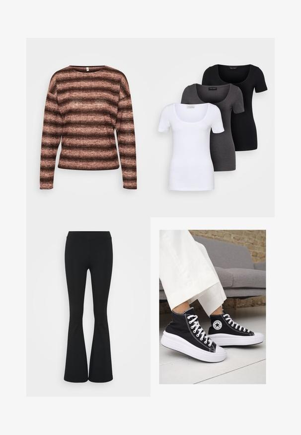 Rudas ir rožinis dryžuotas ilgarankovis megztinis, pagamintas iš minkštos, tekstūrinės medžiagos su plačiu iškirpimu ir laisvu kirpimu.; Trys priderinti marškiniai: balti, pilki ir juodi. Kiekvienas turi plačią apvalią iškirptę ir trumpas rankoves. Pagaminti iš lygaus, tamprių audinio.; Juodai platėjantys kelnių, pagamintų iš tamprių medžiagų, kurie turi aukštą juosmenį ir lygią tekstūrą. Kelnės platėja nuo kelio.; Juodi kanvasiniai aukšti sportbačiai su baltais guminiais padu ir raišteliais. Šonuose yra apskritas logotipas ir ryški balta siūlė.