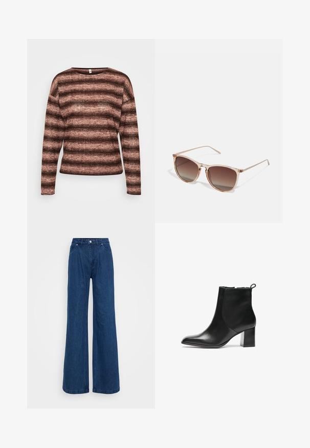 Pull long à rayures marron et rose, en tissu doux et texturé, avec un large col et une coupe décontractée.; Jeans en denim bleu à jambe large avec une taille haute, fermeture avant à bouton et zip, et poches avant et arrière sur un fond uni.; Bottes noires en cuir à hauteur de cheville avec un bout arrondi, un talon bloc de hauteur moyenne et une languette à l'arrière. Texture lisse, design minimal.; Lunettes de soleil dégradées marron avec une monture translucide rose, de forme carrée et des branches en métal fines. Présente des bords arrondis et un design minimaliste.; Sac fourre-tout en cuir noir avec une texture lisse, une forme structurée, deux poignées et un détail en boucle argentée proéminent à l'avant.