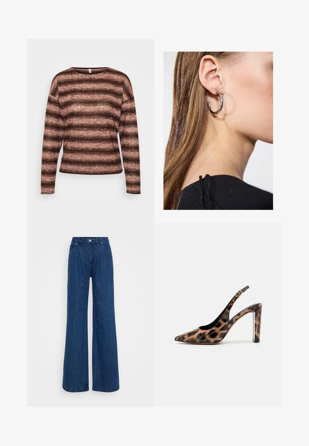 Brown and pink striped long-sleeve sweater made of soft, textured fabric with a wide neckline and relaxed fit.; Wide-leg blue denim jeans with a high waist, front button and zipper closure, and front and back pockets against a plain background.; Leopard print slingback pump with a pointed toe and transparent block heel. Made of glossy material with a smooth texture.; Silver hoop earring with a polished finish, featuring small gold accent details and a round shape, worn on the lobe.