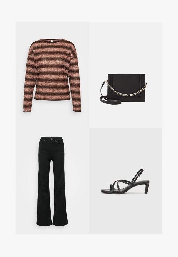 Bruine en roze gestreepte lange mouwen trui gemaakt van zachte, gestructureerde stof met een brede halslijn en een ontspannen pasvorm.; Zwarte wijde jeans gemaakt van denim, met een hoge taille, vijf zakken en een metalen knoopsluiting. Gladde textuur met minimale detailing.; Zwarte sandaal met bandjes, vierkante teen en een lage blokhak. Voorzien van meerdere dunne bandjes en een verstelbare enkelband. Gemaakt van zacht leer.; Zwarte leren schoudertas met een gladde textuur, rechthoekige vorm en een metallic kettingdetail aan de voorkant. Verstelbare schouderband inbegrepen.