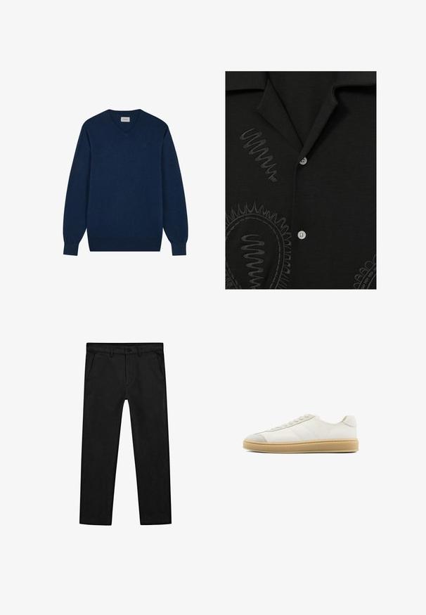 Granatowy sweter w serek wykonany z miękkiego materiału, posiadający długie rękawy, ściągacze przy mankietach i u dołu, z subtelnym logo z przodu.; Czarna koszula z fakturowanym wzorem z wyszywanymi spiralami i okrągłymi wzorami, uzupełniona białymi guzikami. Miękka tkanina, z kołnierzykiem.; Czarne bawełniane spodnie o prostych nogawkach, z przednimi kieszeniami oraz klasycznym zapięciem na guzik i suwak. Gładka faktura, dopasowany krój.; Białe zamszowe sneakersy o gładkiej fakturze, okrągłym nosku, sznurowanym przodzie i tanowym gumowym spodzie. Mają subtelne boczne paski i akcenty na pięcie.