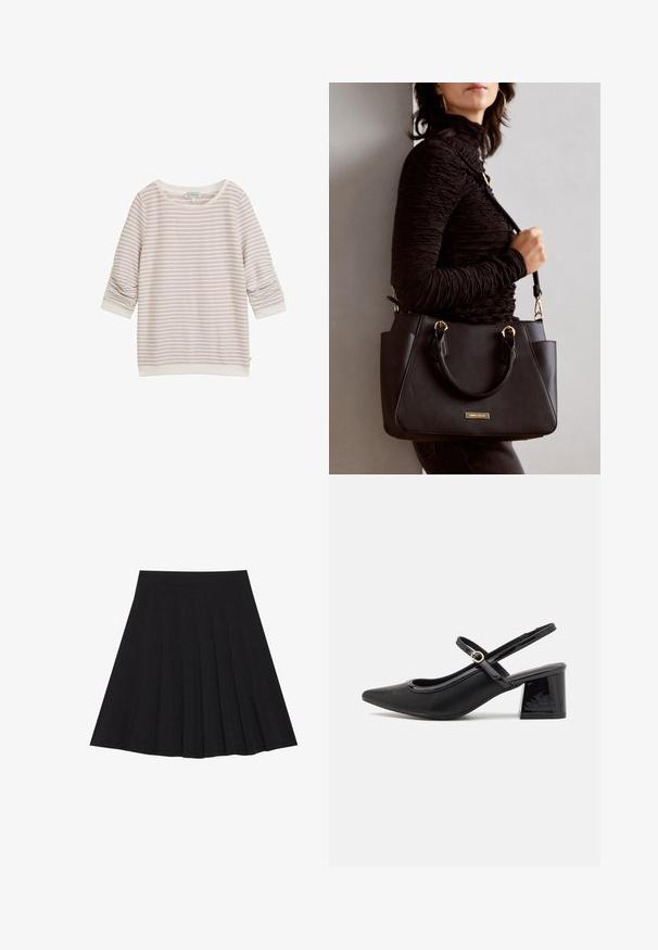 Jasnoróżowy sweter w paski z rękawami 3/4, okrągłym dekoltem i prążkowanymi mankietami. Wykonany z miękkiej tkaniny o delikatnej teksturze.; Czarna plisowana spódnica z teksturowanej tkaniny z dopasowanym paskiem. Sięga do kolan, wyróżniając się gładką, czystą sylwetką.; Czarne lakierowane czółenka na słupku ze spiczastym noskiem, lekko zaokrąglonym wycięciem i obcasem w kształcie bloku. Posiadają złotą klamrę jako akcent dekoracyjny.; Czarna torebka z teksturowanej powierzchni, podwójnymi uchwytami na górze i regulowanym paskiem na ramię. Posiada złote okucia i boczne kieszenie.