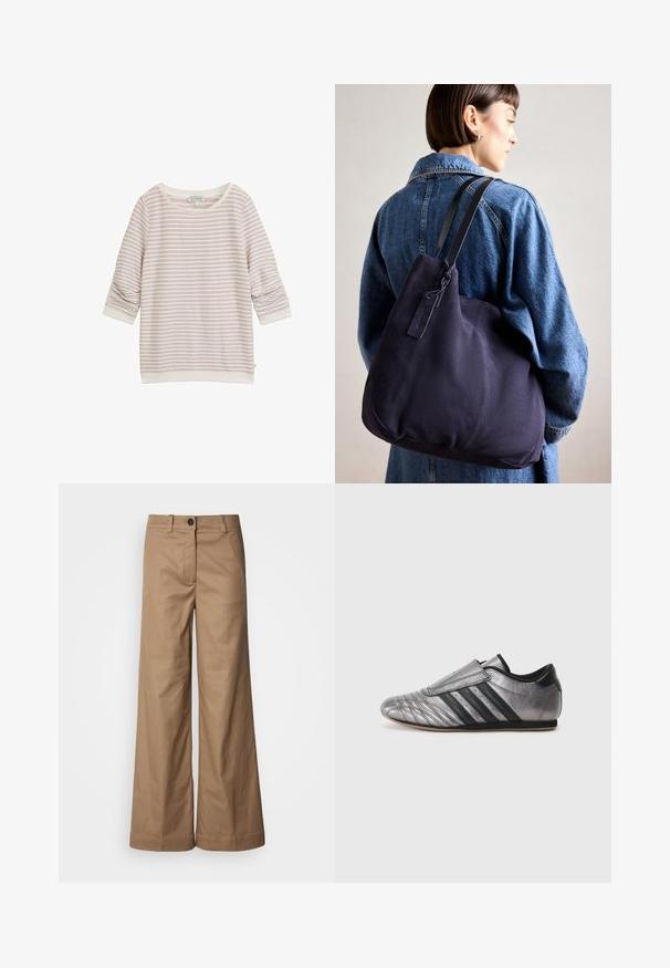 Helles rosa gestreiftes Sweatshirt mit Dreiviertelärmeln, rundem Halsausschnitt und gerippten Bündchen. Hergestellt aus weichem Stoff mit subtiler Textur.; Weit geschnittene Hosen aus glattem, beigem Stoff. Verfügt über einen Knopfverschluss vorne, Gürtelschlaufen und Seitentaschen. Saubere Linien ohne sichtbare Muster.; adidas Originals TAEKWONDO - Slipper - grey five/core black; Marinefarbene Leinenschultertasche mit weicher, strukturierter Form, ausgestattet mit einem schwarzen Riemen, genähten Details und einem kleinen Markenschild.
