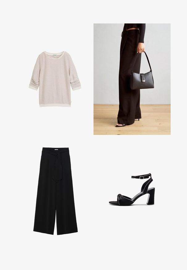 Gaiši rozā strīpotā džemperis ar trim ceturtdaļām garām piedurknēm, apaļu kaklu un ribotiem cimdiem. Izgatavots no mīksta auduma ar smalku tekstūru.; Melni platleņķa bikses ar teksturētu audumu, elastīgu jostu un noņemamu siksnu viduklī, kas nodrošina regulējamu piegulšanu.; Melnas zamšādas kurpes ar papēdi uz augstiem blokiem, ar regulējamu potītes siksniņu, atvērtu purngali un kontrastējošu izšuvumu.; Melnā somiņa ar strukturētu formu, gludu tekstūru un metālu sprādzi. Saskaņota ar platām melnām biksēm un sandālēm ar atvērtu purngalu uz koka grīdas.