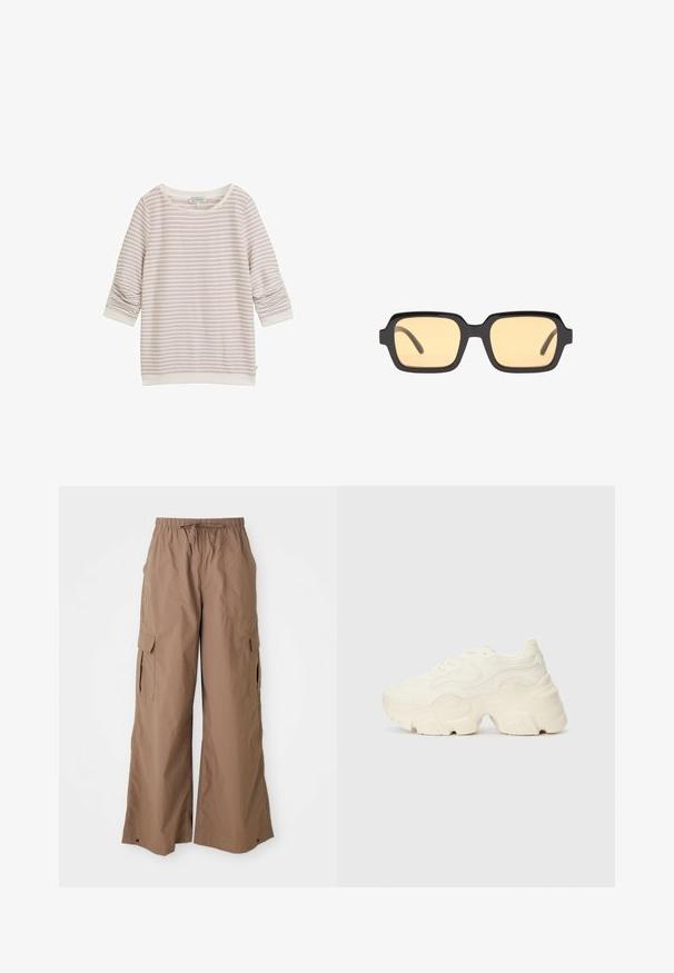 Svetloružový pruhovaný sveter s trojštvrťovými rukávmi, okrúhlym výstrihom a rebrovanými manžetami. Vyrobený z mäkkej tkaniny s jemnou textúrou.; Hnedé voľné cargo nohavice s elastickým pásom a bočnými vreckami s klopou, s širokým strihom, vystavené na bielom pozadí.; Masívne biele tenisky vyrobené z texturovanej sieťoviny a syntetických materiálov, s hrubou podošvou a zložitými vzorovými detailmi na bokoch.; Čierne obdĺžnikové slnečné okuliare so žltými sklami, ľahký rám a charakteristické tupé okraje na stranách. Hladký, lesklý povrch.