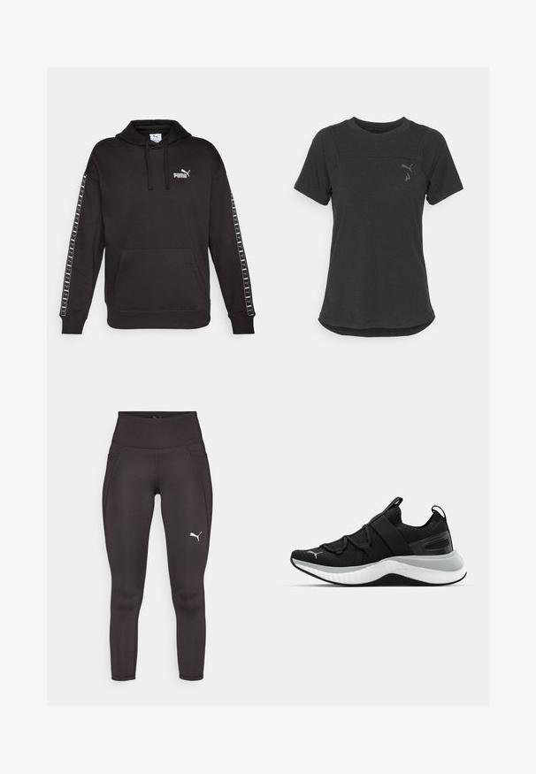 Black hoodie with a kangaroo pocket, drawstring hood, and white Puma logo on the chest. Features printed accents along the sleeves.; Black short-sleeve performance t-shirt made of soft, breathable fabric. Features a rounded hem and subtle logo on the upper left chest.; Black athletic leggings made of a stretchy material with a high waistband, featuring side pockets and a white logo on the left leg.; Black athletic shoe with a textured upper, elastic straps, and a thick white midsole. Features a grey accent along the sole.