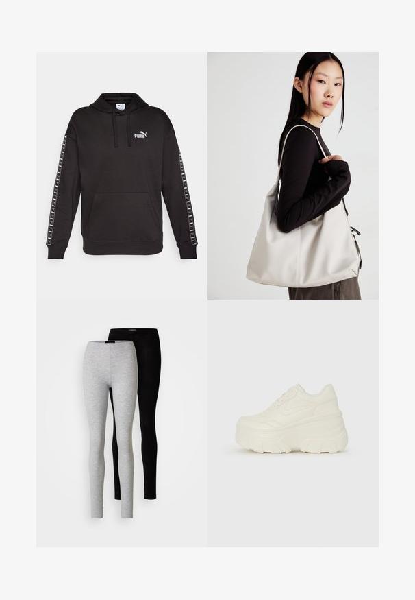 Melna kapuze ar kangaroo kabatu, ar auklu un baltu Puma logo uz krūšu. Iekļauj izdrukātas akcentus gar piedurknēm.; Divas legingi: vieni pelēki un vieni melni. Abiem ir pieguļošs dizains ar gludu tekstūru un elastīgu jostu.; Baltie platformas sporta apavi, kas izgatavoti no gludas mākslīgās ādas, ar noapaļotu formu, mīkstu apkakli un teksturētu gumijas zoli ar izteiktiem rakstiem.; Bežs rokassoma, izgatavota no mīksta materiāla, ar brīvu dizainu, izšūtu apdari un divām plecu siksnām. Piemērota ikdienas lietošanai.