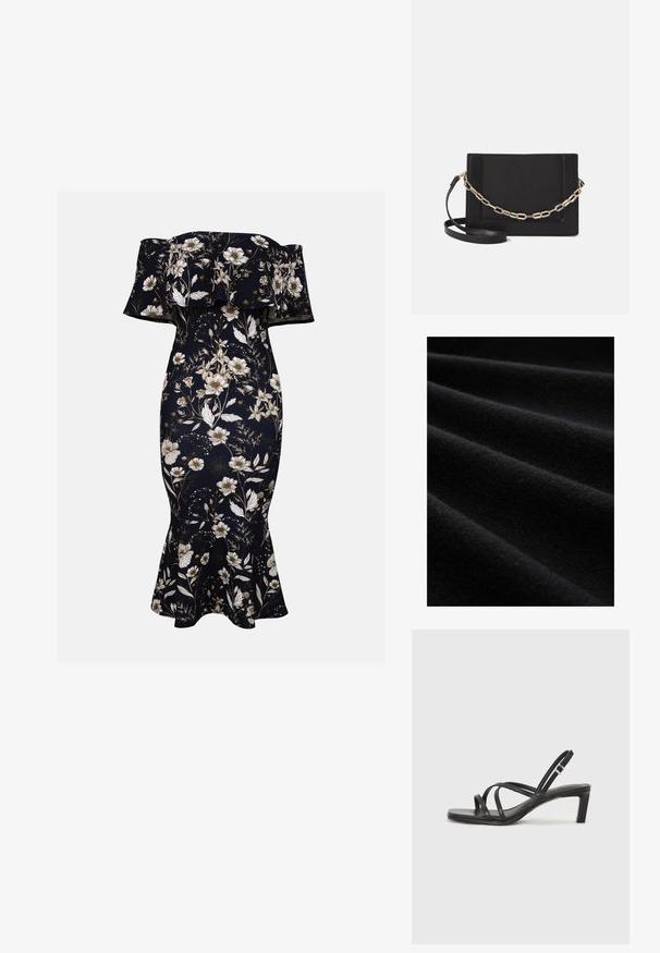 Tessuto nero con una superficie morbida e texturizzata, caratterizzato da morbide pieghe e una finitura opaca, che mette in risalto il suo colore ricco e scuro e la qualità del materiale.; Abito maxi off-the-shoulder in navy con motivo floreale bianco e oro. Silhouette aderente con orlo svasato, realizzato in tessuto morbido e elasticizzato.; Sandalo nero con cinturini, dalla punta squadrata e tacco basso a blocco. Presenta diversi cinturini sottili e una cinturini regolabile alla caviglia. Realizzato in pelle liscia.; Borsa a tracolla nera in pelle con una texture liscia, forma rettangolare e dettaglio in catena metallica sul davanti. Inclusa una tracolla regolabile.