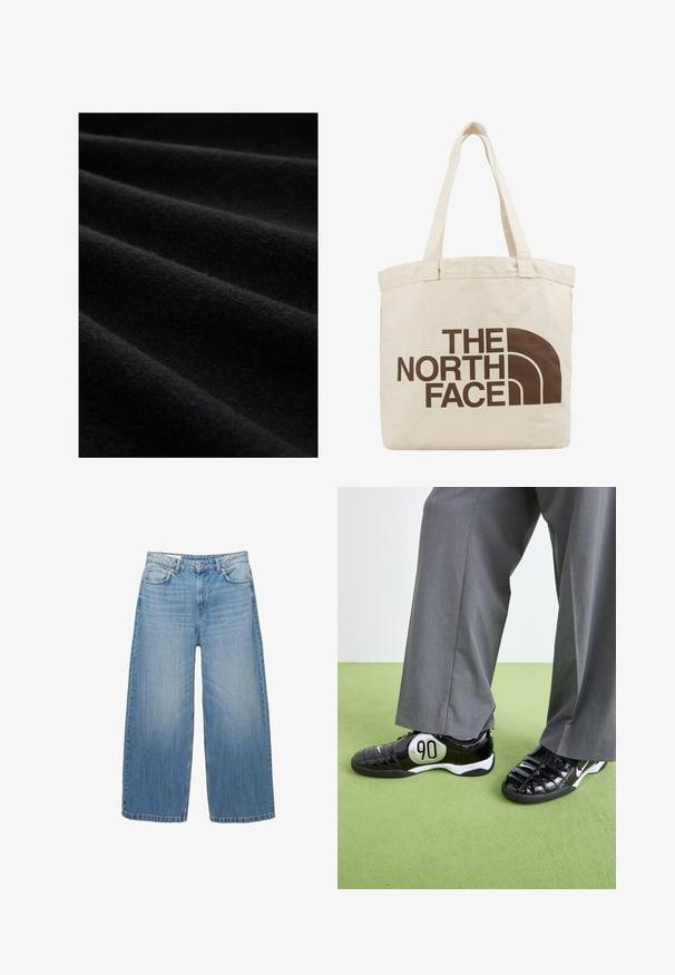 Černá tkanina s měkkým, texturovaným povrchem, s jemnými záhyby a matným povrchem, který zvýrazňuje její bohatou tmavou barvu a kvalitu materiálu.; Černé jednodílné plavky s hlubokým V-výstřihem a kříženými zadními popruhy. Vyrobeno z hladké tkaniny s elegantním, přiléhavým střihem.; Světle modré džíny s širokými nohavicemi vyrobené z denimu, s klasickým pětispotkovým designem a zapínáním na knoflík. Vybledlý vzhled po celém povrchu.; Černé lakované kožené tenisky se stříbrným detailem "90", s texturovaným povrchem a šněrovacím designem, doplněné o šedé široké kalhoty.; Bežová plátěná taška s dvěma uchy, na kterých je velký tmavohnědý nápis "THE NORTH FACE" a poloobloukový designový prvek.