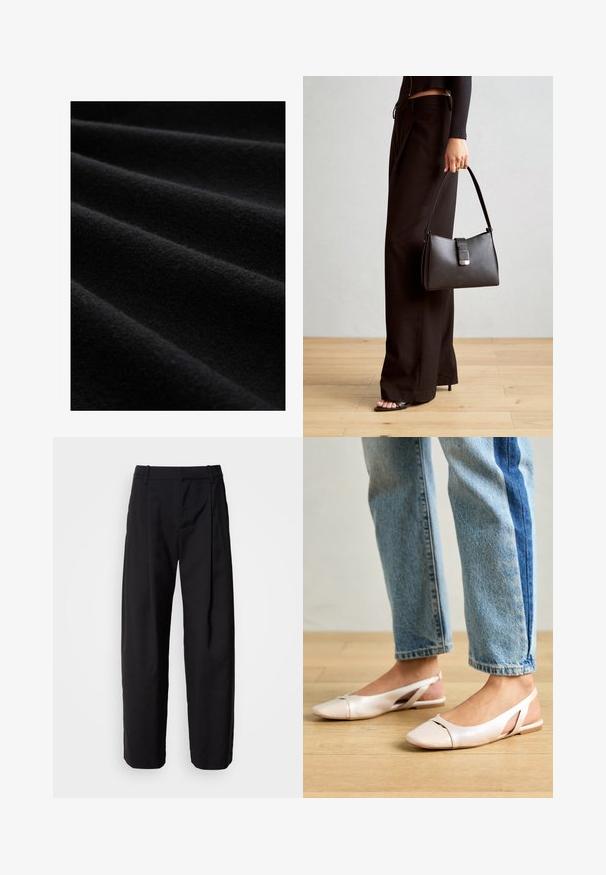 Țesătură neagră cu o suprafață moale și texturată, având cute delicate și un finisaj mat, evidențiind culoarea sa bogată, întunecată și calitatea materialului.; Pantaloni negri cu o croială lejeră, față pliată și bucle pentru cingătoare. Material neted și picioare drepte, având buzunare laterale.; Sandalete plate de un roz pal cu vârf ascuțit, realizate dintr-un material asemănător pielii, neted. Prezintă detalii decupate pe laterale și un toc plat.; Genți negre cu o formă structurată, textură netedă și un închizător metalic. Asortată cu pantaloni negri largi și sandale cu vârf deschis pe un podea din lemn.