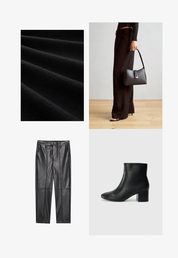 Čierna tkanina s jemným, textúrovaným povrchom, ktorý zdôrazňuje jemné záhyby a matný povrch, pričom zvýrazňuje jej bohatú, tmavú farbu a kvalitu materiálu.; Čierne kožené nohavice s hladkou textúrou, rovného strihu, s dvoma prednými vreckami a viditeľným švom.; Čierne kožené členkové čižmy s špicatou špičkou a hrubým podpätkom. Hladká textúra s minimálnymi akcentmi a elegantným, priliehavým dizajnom.; Čierna kabelka so štruktúrovaným tvarom, hladkou textúrou a kovovou sponou. V kombinácii so širokými čiernymi nohavicami a sandálmi s otvorenou špičkou na drevenej podlahe.