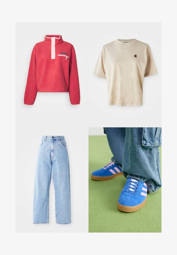 Columbia HELVETIA™ II CROPPED HALF SNAP - Flisinis džemperis - dare devil/pink sand; Smėlinis medvilninis marškinėliai su laisvu siluetu, apvaliu iškirpimu, trumpomis rankovėmis ir mažą kvadratinį logotipą kairėje krūtinės pusėje.; Aukštu juosmeniu šviesiai mėlynos džinsinės kelnės su tiesiomis plačiomis kojomis, priekinis mygtukas, užtrauktuko uždarymas ir priekinės bei galinės kišenės.; Mėlyni zomšiniai bateliai su rožinėmis juostelėmis ir baltais raišteliais, turintys guminį padą, derinami su laisvais džinsiniais kelnais ant žalios paviršiaus.