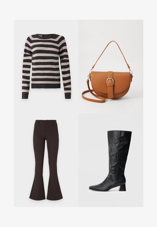 Sweter w czarno-beżowe paski, okrągły dekolt, długie rękawy, żebrowany dół, miękka tekstura, z równomiernie rozmieszczonymi poziomymi paskami.; Brązowe spodnie dzwony wykonane z elastycznego materiału. Posiadają wysoki stan z dwoma guzikami i gładką fakturę. Bez wzorów ani ozdób.; Czarny skórzany botek do połowy łydki z ostrym noskiem i słupkowym obcasem na jednolitym jasnym tle.; Brązowa skórzana torba na ramię o zaokrąglonym kształcie, ze złotymi akcentami i zapięciem w formie klamry. Posiada odpinany pasek na ramię.