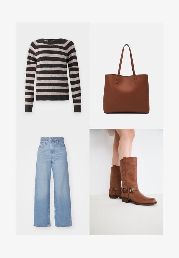 Zwarte en beige gestreepte trui, ronde hals, lange mouwen, geribbelde zoom, zachte textuur, met gelijkmatig verdeelde horizontale strepen.; Lichtblauwe high-waist wijde jeans met een knoop- en ritssluiting aan de voorkant, voor- en achterzakken, op een witte achtergrond.; Bruine leren enkellaarzen met een lichtpuntige neus, decoratieve gespen en een lage, gestapelde hak. Glad oppervlak met een matte afwerking.; Bruine leren tote bag met een gladde textuur, een ontwerp met een open bovenkant en twee schouderbanden. Kenmerkt zich door minimale stiksels en geen zichtbare hardware.