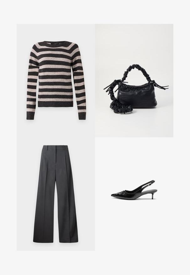 Black and beige striped sweater, round neck, long sleeves, ribbed hem, soft texture, with evenly spaced horizontal stripes.; Wide-leg trousers in dark gray fabric, featuring a high waist, single pleats, and a smooth texture with a clean finish at the hems.; Black leather slingback heels with a pointed toe, low kitten heel, and gathered detail on the vamp. Smooth texture and minimalist design.; Black faux leather handbag with a crocodile texture, cinched top, and a scrunched strap. Appears soft and compact in design.
