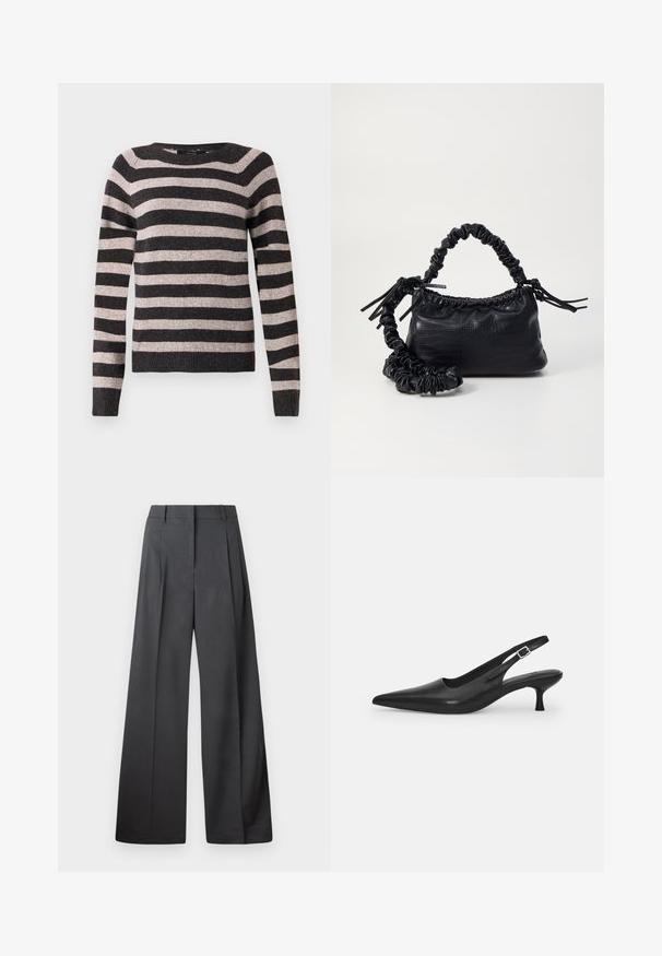 Pulover cu dungi negre și bej, guler rotund, mâneci lungi, margine ribbed, textură moale, cu dungi orizontale spaced uniform.; Pantaloni culți din țesătură gri închis, cu talie înaltă, pliuri simple și o textură netedă, cu o finisare curată la tivuri.; Sandal din piele neagră, cu vârf ascuțit și toc subțire, curbat. Are o curea ajustabilă discretă, cu o cataramă din metal.; Geantă din faux leather neagră cu textură de crocodil, cu partea superioară strânsă și o curea mototolită. Pare moale și compactă ca design.