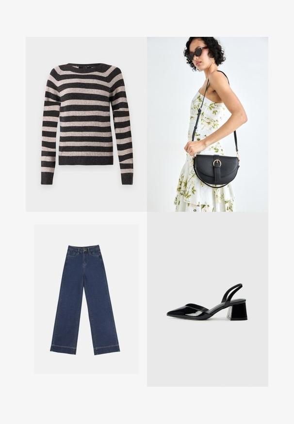 Juodas ir smėlinis raštuotas megztinis, apvalia iškarpa, ilgomis rankovėmis, glotnia apykakle, minkšta tekstūra, su tolygiai išdėstytais horizontaliais raštais.; Plati džinsai tamsiai mėlynos denimo. Yra penki kišenės, diržo kilpos ir apatinė briauna su matomais siuvimo detalėmis.; Juodos lakuotos odinės šlepetės su smailiu pirštu ir geometriniu bloko kulnu. Turi elegantišką, minimalistinį dizainą ir lygų paviršių.; Juodas odinis krepšys su išlenkta forma, nuimamu dirželiu ir auksiniais detalėmis. Krepšys turi kilpą su sagtimi.