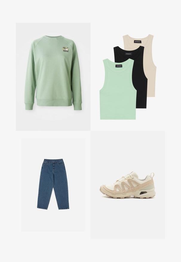 Grønn hettegenser med rund hals, ribbestrikkede ermer og nederkant. Har et lite blomstergrafikk i øvre venstre brystområde. Glatt tekstur.; Tre tank topper i mintgrønn, svart og beige; laget av ribbestrikket stoff med rund hals og uten ermer. Merket synlig.; Blå denim jeans med en avslappet passform, høy midje, femlommesdesign og sømdetaljer. Har en knapp- og glidelås-lukking.; Beige og krem joggesko med teksturert mesh-overdel, støttende overlegg og gummisåle med et mønster for godt grep.