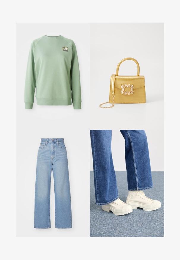 Groene sweater met een ronde halslijn, geribbelde manchetten en zoom. Bevat een kleine florale graphic op het bovenste linkerdeel van de borst. Soepele textuur.; Lichtblauwe high-waist wijde jeans met een knoop- en ritssluiting aan de voorkant, voor- en achterzakken, op een witte achtergrond.; Witte hoge sneakers met dikke, geribbelde zolen en ronde logo-detail, gedragen met lichtblauwe, wijde denim jeans.; Geel faux-krokodillenhandtas met een gestructureerd ontwerp, bovenhandvat, afneembare kettingriem en decoratieve kristallen versiering op de sluiting.