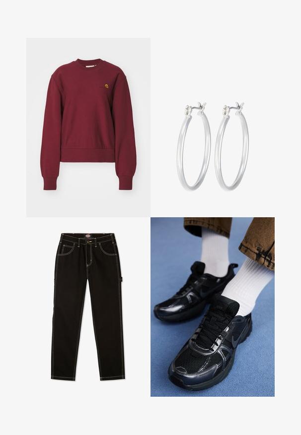 Carhartt WIP AMERICAN SCRIPT - Sweatshirt - malbec; Black denim pants with contrast white stitching, five pockets, and a tab on the side. Standard fit, straight leg design.; Black Nike sports shoes feature a mesh upper with shiny accents, black laces, and a textured sole. Paired with white ribbed socks.; Silver hoop earrings with a smooth, polished finish. Round shape and secure click-top closure. Lightweight design suitable for everyday wear.
