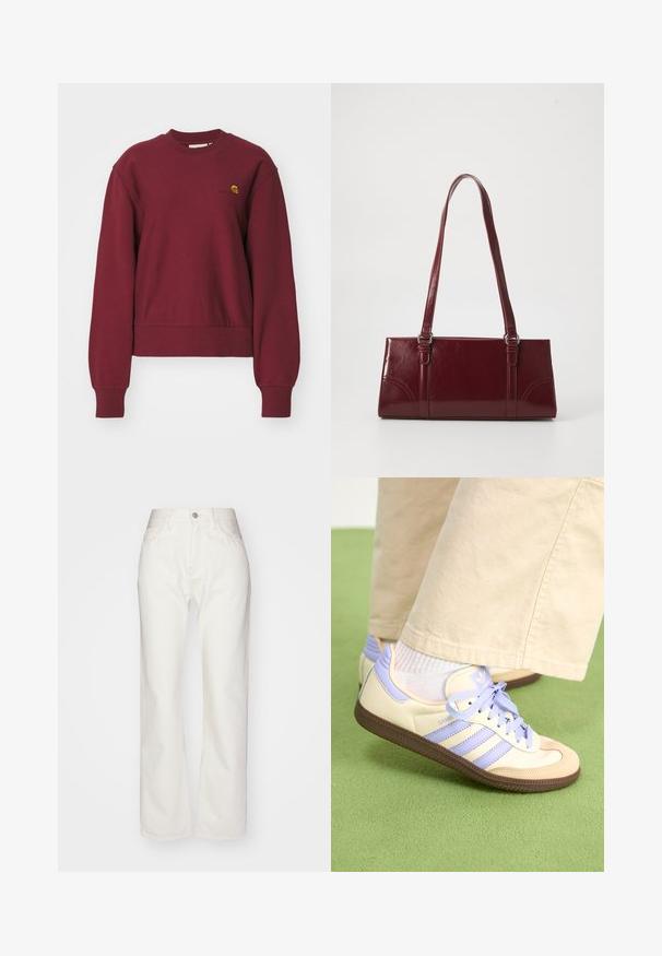 Carhartt WIP AMERICAN SCRIPT - Sportska majica - malbec; Bijele traper hlače s visokim strukom i širokim nogavicama. Sadrže kopčanje na dugme i patentni zatvarač, petlje za remen i suptilne detalje šivanja.; Kremasto-ljubičaste tenisice s tri pruge i strukturiranim smeškim potplatom, s vezicama i podstavljenim petom. Mekana gornja tkanina.; Bordo torba od sjajnog materijala, pravokutnog oblika, s dvije naramenice i suptilnim zakrivljenim akcentima sprijeda.