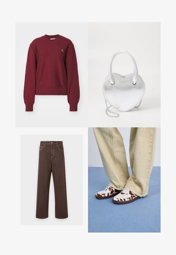 Carhartt WIP AMERICAN SCRIPT - Mikina - malbec; Hnedé nohavice s širokými nohavicami vyrobené z denimu, s kontrastným šitím, piatimi vreckami a kovovým zapínaním. Hladká textúra, rovný strih.; Biele a hnede vzorované tenisky z mesh a kože, s hnedými gumovými podrážkami. Skombinované so svetlobežovými voľnými nohavicami.; Strieborná metalická kabelka v tvare srdca s dvojitými uchami, reťazovým popruhom a hladkým povrchom. Má kovové hardvérové prvky a prešívané okraje.