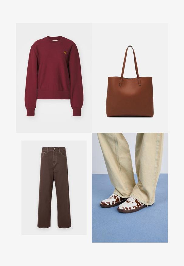 Carhartt WIP AMERICAN SCRIPT - Sweatshirt - malbec; Pantalons en denim marron à jambes larges avec des coutures contrastées, cinq poches et un bouton métallique. Texture lisse, coupe droite.; Des baskets blanches et marron avec un motif, en mesh et cuir, dotées de semelles en caoutchouc marron. Associées à un pantalon large beige clair.; Sac fourre-tout en cuir marron avec une texture lisse, design à ouverture supérieure et deux poignées pour le porter à l'épaule. Présente des coutures minimales et aucun matériel visible.