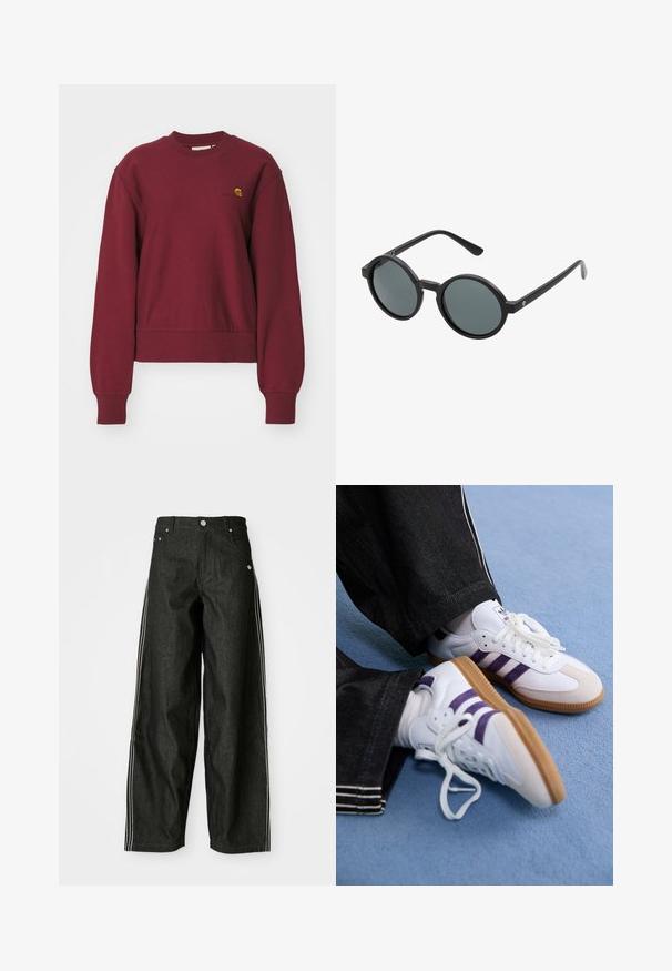 Carhartt WIP AMERICAN SCRIPT - Sweatshirt - malbec; Pantalons en denim noir à jambes larges avec des rayures latérales blanches, dotés de poches avant, d'une fermeture à bouton et d'un logo subtil près de la taille.; Baskets blanches avec des rayures violettes et des semelles en caoutchouc marron, dotées de lacets ronds et d'un col rembourré. Portées avec un pantalon en denim foncé.; Lunettes de soleil rondes avec une monture en plastique noir et des verres gris foncé. Présentent des branches fines et droites avec des accents minimalistes.