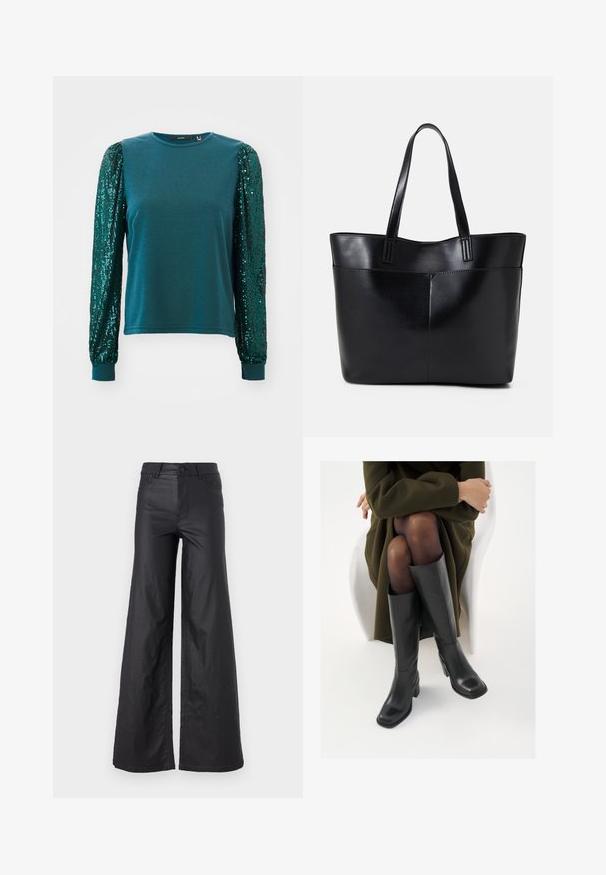 Teal long-sleeve t-shirt with fitted body and puffy sequined sleeves. Cotton material with ribbed cuffs and round neckline. Textured embellishments.; Black, wide-leg pants in a faux leather material. Features a high waist, belt loops, two front pockets, and stitched detailing.; Knee-high black leather boots with a squared toe and block heel, shown with a model seated in an olive green coat. Smooth texture, minimal detailing.; Black leather tote bag with two long handles, a smooth texture, and a structured shape. Features a front pocket for additional storage.