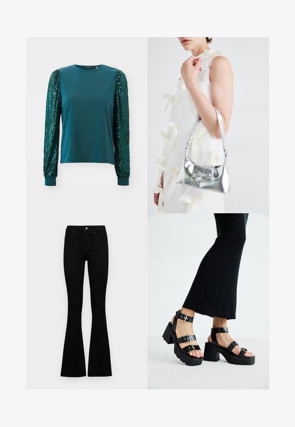 Tirkīza garām piedurknēm T-krekls ar pieguļošu ķermeni un puffa aplikāciju piedurknēm. Izgatavots no kokvilnas, ar ribotām aprocēm un apaļu kakla izgriezumu. Teksturēti rotājumi.; Melni augsta jostas šorti ar pogu un rāvējslēdzēju, priekšējām kabatām un izplestām kājām, nolikti uz balta fona.; Melnas platforma siksnas ar masīviem, zolei ar iegriezumiem un daudzām siksnām, kurām ir metāla sprādzes un gluda ādas līdzīga tekstūra.; Sudraba metāla rokassoma ar struktūru formu, aprīkota ar augšējo rokturi un priekšpusē esošu loku. Gluda tekstūra, atstarojoša virsma.