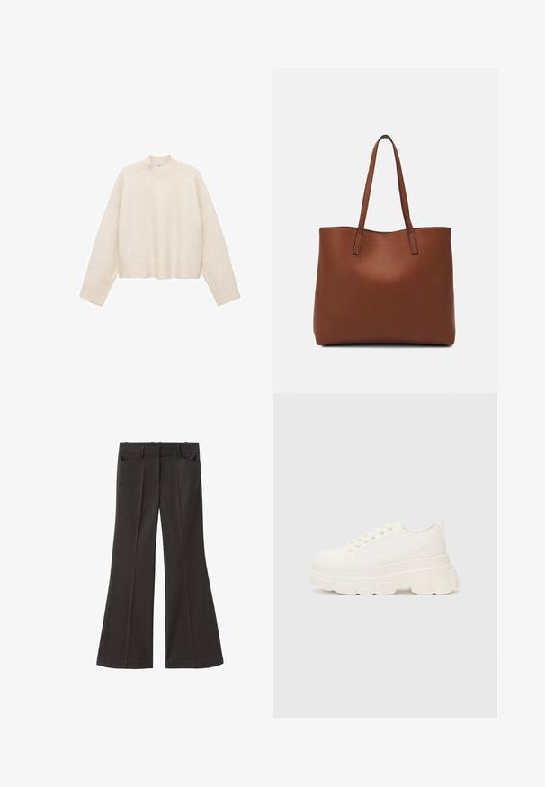 Crème pullover trui gemaakt van zachte stof, met een hoge nek, verlaagde schouders en een cropped ontwerp met geribde boorden.; Zwarte flared broek met een hoge taille; beschikt over twee voorkeurszakken en een gladde stoftextuur. Geschikt voor verschillende gelegenheden.; Witte canvas sneaker met een stevige zool, ronde neus en vijf gaatjes voor veters. Achterste tab voor gemakkelijk aan- en uittrekken. Vloeibare textuur, minimalistisch ontwerp.; Bruine leren tote bag met een gladde textuur, een ontwerp met een open bovenkant en twee schouderbanden. Kenmerkt zich door minimale stiksels en geen zichtbare hardware.