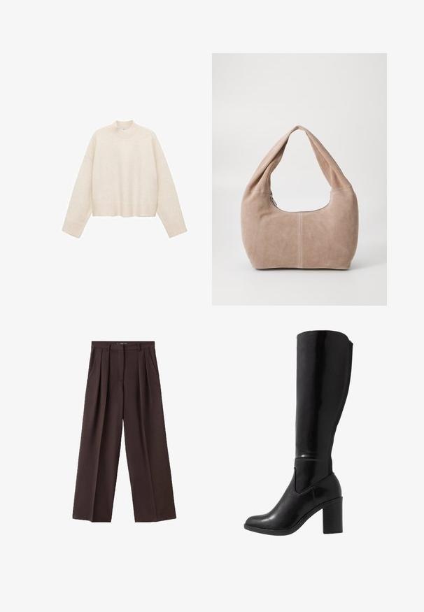 Cream pullover sweater made from soft fabric, featuring a high neck, dropped shoulders, and a cropped design with ribbed hems.; Brown wide-leg trousers made from textured fabric, featuring front pleats, side pockets, and a classic waistband design.; Knee-high black glossy heeled boots with a rounded toe, smooth texture, side cutout detail, and a chunky stacked heel.; Hobo bag made of soft, suede material in a light beige color. Features a rounded shape with a wide strap and zip closure.; Gold-toned necklace with a fine chain, a large matte heart pendant, and a smaller sparkling heart charm attached.