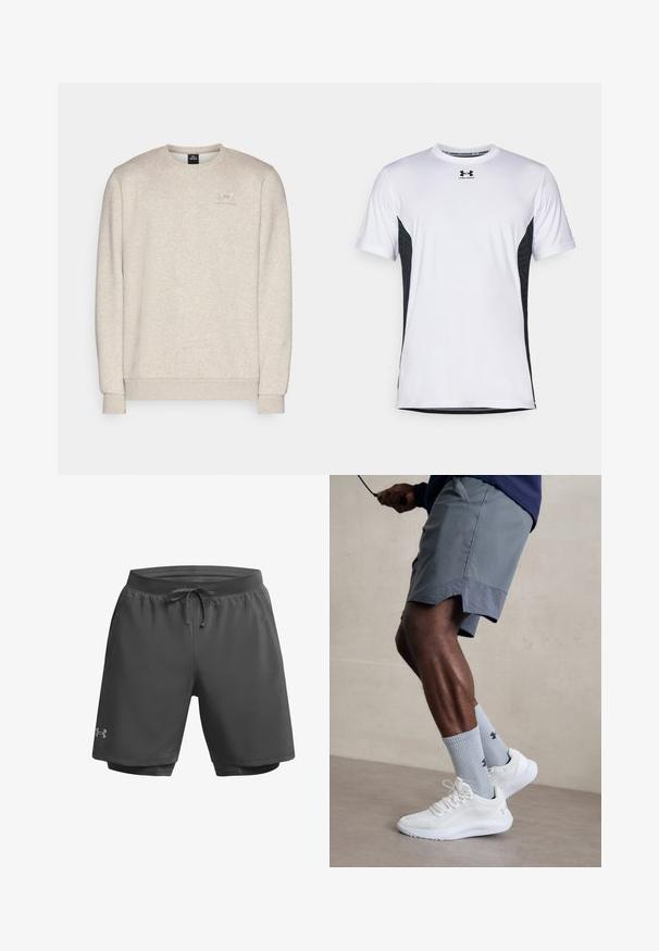 Lichtbeige sweatshirt gemaakt van zachte stof, met een ronde hals, lange mouwen en een klein logo op de borst.; Under Armour CHALLENGER PRO SS - Sport T-shirt - white/black; Donkergrijze sportshorts met een elastische tailleband, verstelbaar trekkoord en een innerlijke mesh voering; heeft subtiele merkafbeelding op het linkerpunt.; Witte sportschoenen met een textuur van gaas aan de bovenkant, gecombineerd met lichtblauwe geribde sokken met een logo. Grijze sportshorts met geperforeerde accent.