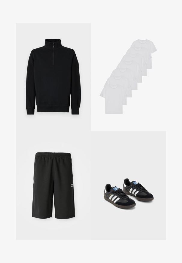 Svart hettegenser med høy krage og halv glidelås, lange ermer, og ribbestrikkede mansjetter og hem. Laget av mykt, teksturert stoff.; Hvite bomulls T-skjorter, korte ermer, rund hals-design, enkel tekstur, stablet i en rekke, med subtil merking ved halsen.; Svart bomullsshorts med elastisk midje, sømmer på sidene og en liten hvit logo på venstre ben. Glatt tekstur, knelengde.; Svarte sneakers med overdel i semsket lær og syntetisk materiale, med tre hvite striper, strukturert gummisåle og blå logoetikett på tungen.