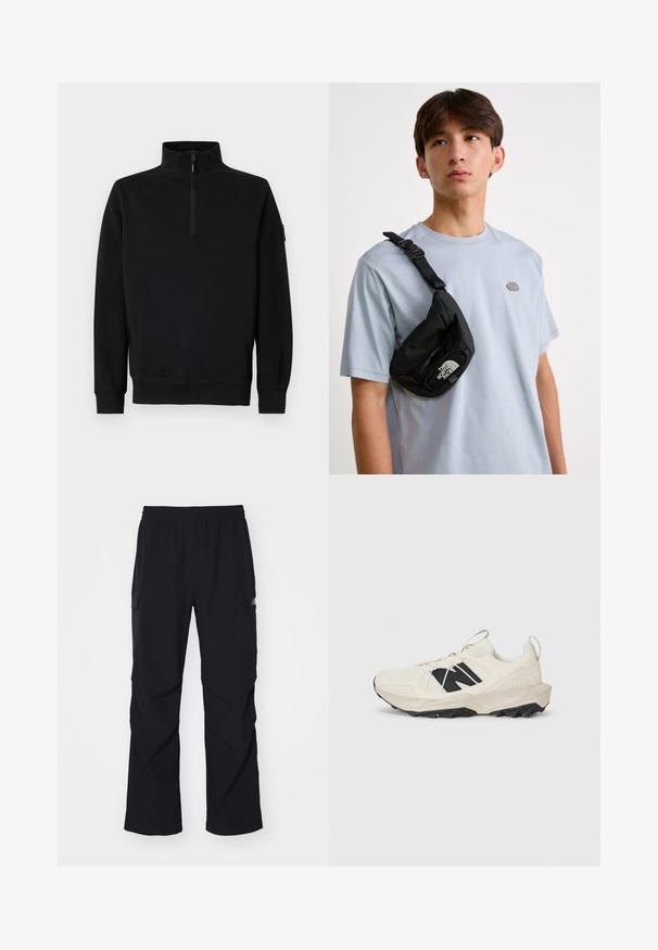 Felpa nera con colletto alto e zip a metà, maniche lunghe e polsini e orlo a costine. Realizzata in un morbido tessuto testurizzato.; Pantaloni cargo neri realizzati in materiale leggero, con vita elastica, tasche laterali e design a gamba dritta.; Sneaker beige chiaro con tomaia in rete, logo nero e suola testurizzata. Accompagnato da un motivo geometrico sulla suola intermedia.; Borsa a tracolla nera in nylon con tracolla regolabile, caratterizzata da un logo bianco prominente. Indossata su una t-shirt azzurro chiaro. Design semplice e funzionale.