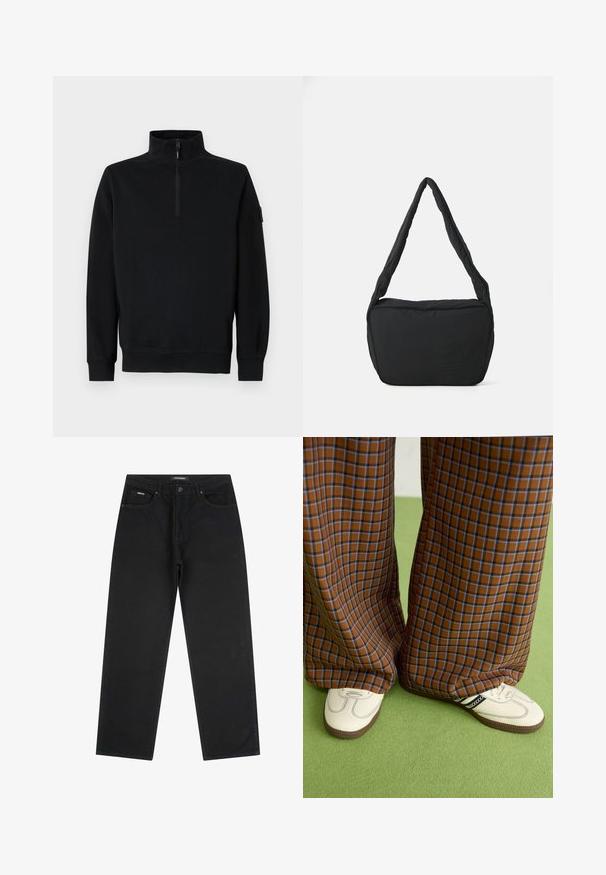 Zwarte sweatshirts met een hoge kraag en een halve ritssluiting, lange mouwen en ribgebreide manchetten en zoom. Gemaakt van zachte, gestepte stof.; Zwarte rechte jeans met voorste knop en rits, riemlussen en vijf-pocket ontwerp, plat gelegd op een witte achtergrond.; Bruine en blauwe geruite wijde broek, gecombineerd met witte schoenen met zwarte accenten en een gestructureerde zool, gezet tegen een groene achtergrond.; Zwarte schoudertas met een gewatteerde textuur, een ronde vorm en een brede schouderband, met een reliëflogo aan de voorkant.