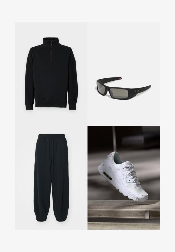 Schwarzer Sweatshirt mit hohem Kragen und halbem Reißverschluss, langen Ärmeln sowie gerippten Bündchen und Saum. Gefertigt aus weichem, strukturiertem Stoff.; Schwarze Sweatpants mit elastischem Bund, lockerer Passform, gerippten Beinabschlüssen, glatter Textur und ohne sichtbare Muster oder Hardware-Akzente.; Weiße Nike Air Max 90 Sneaker mit einem Obermaterial aus Mesh und Leder, durchlässigem Zehenbereich und einer sichtbaren Air-Einheit in der Ferse.; Schwarze Sonnenbrille mit matter Oberfläche, rechteckigen Gläsern, leichtem Bogen an den Schläfen, dezentem Logo-Detail und rauchgetönten Gläsern.